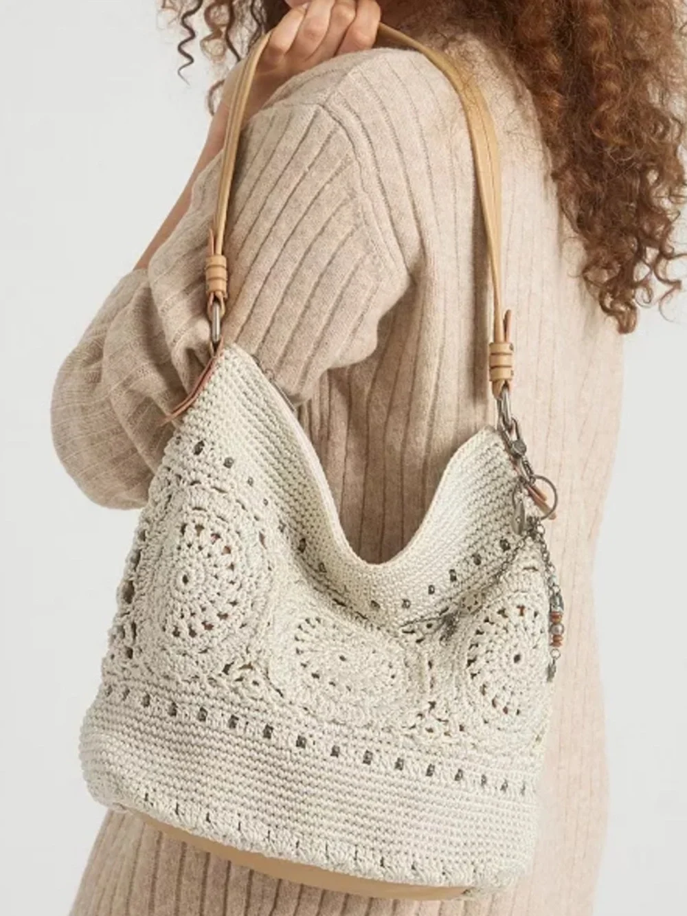 The Sak Sequoia Cream & Tan Crochet Leather Hobo Shoulder Bag with Bag Charm - Picture 5 of 17